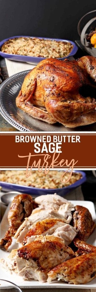 Prepare a showstopping entree for the holidays this year! Browned Butter Sage Turkey is a decadent twist on the classic roasted turkey. Brown butter in a pan with fresh sage, then slather a Honeysuckle White Fresh Whole Turkey with the sage browned butter. Bake until golden brown, and serve warm with homemade gravy and traditional sides! This turkey makes a flavorful entree for Thanksgiving or ANY holiday celebration! #ad #HonestSimpleTurkey