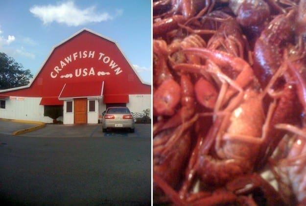 Collage of two images of store front and close up of cooked crawfish 