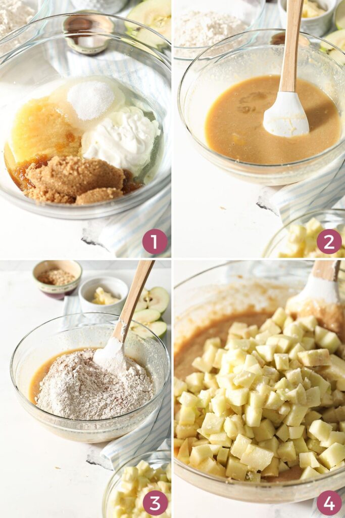 Collage showing how to put together apple muffin recipe