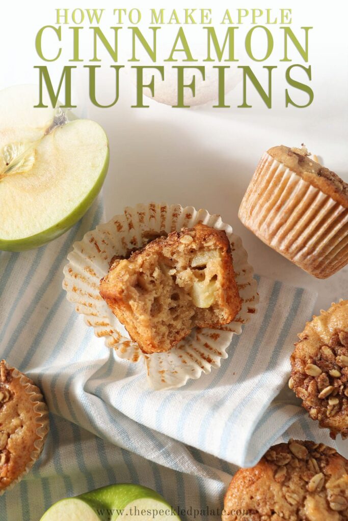 A bitten-into apple muffin on marble with the text how to make apple cinnamon muffins