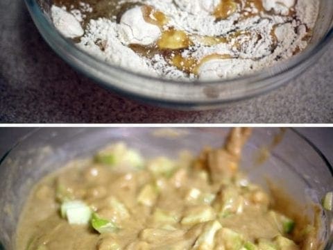 Collage of two images showing how Apple Pie Muffin batter is mixed