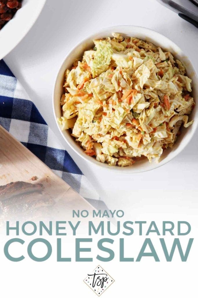 Pinterest graphic for No Mayo Honey Mustard Coleslaw, featuring an overhead image of the slaw with other barbecue sides.