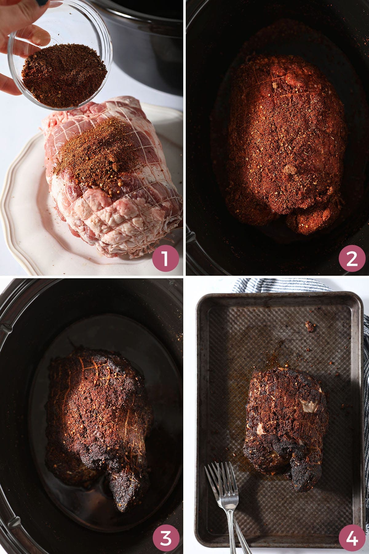 Collage of how to season and cook pulled pork in the slow cooker