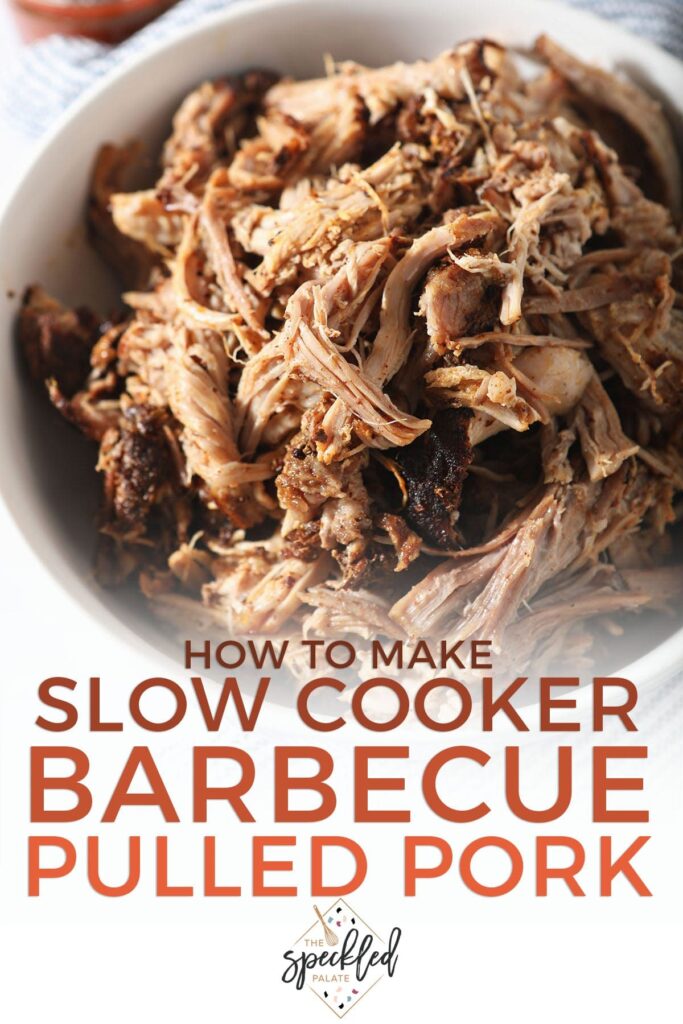 A bowl of pulled pork with the text how to make slow cooker barbecue pulled pork