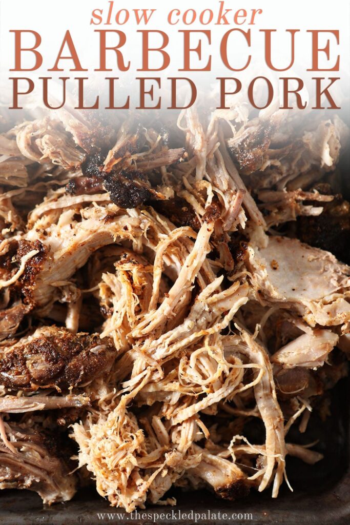 A tray of pulled pork with the text slow cooker barbecue pulled pork