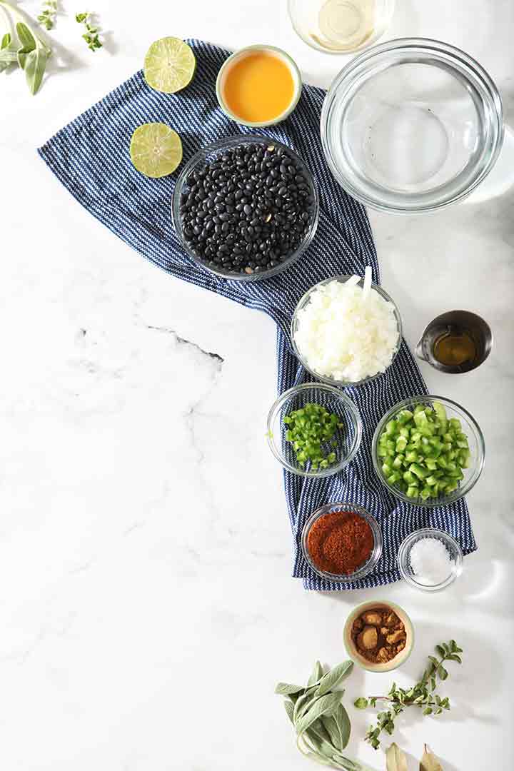 All the ingredients for Black Bean Dip are laid out on a marble surface in bowls before cooking