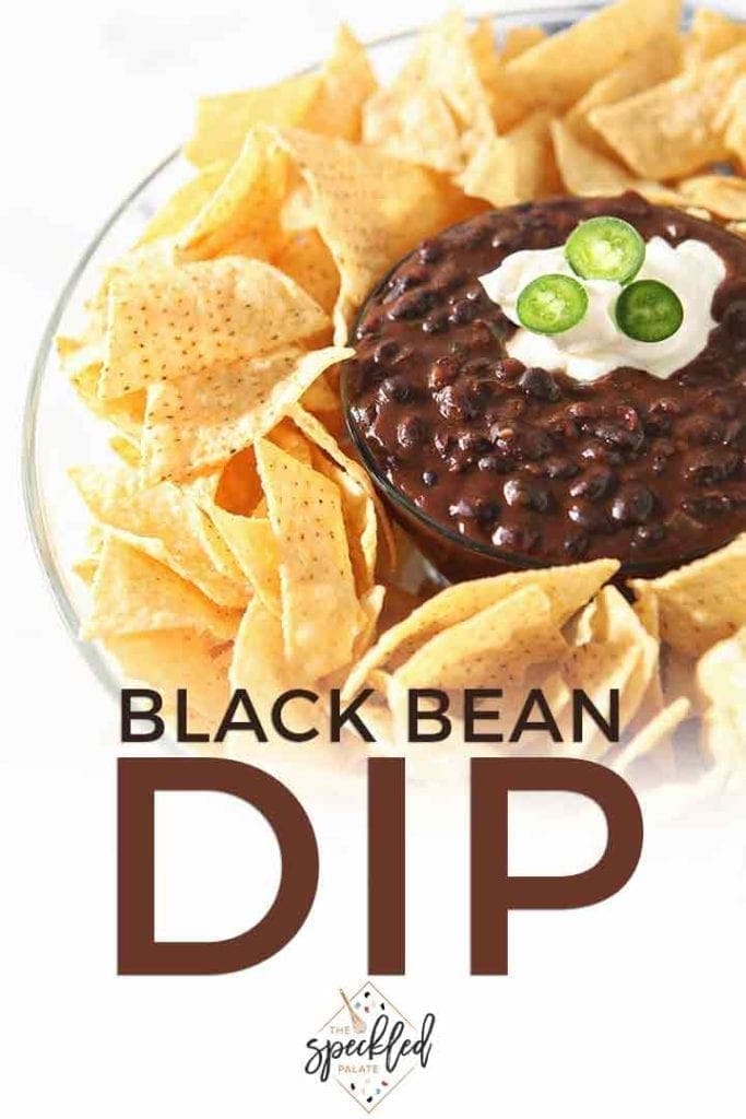 Pinterest image, including text and a close up of the dip, garnished and with chips