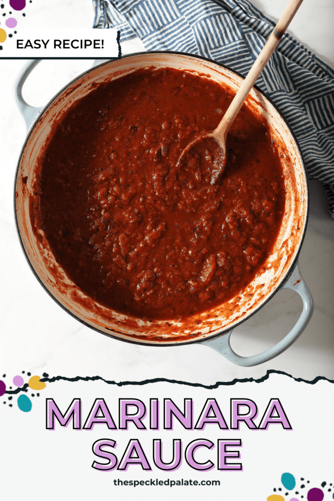 A pot of easy marinara sauce after simmering next to a blue checked towel with a wooden spoon with the text marinara sauce