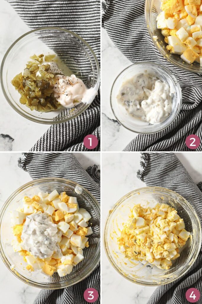 Collage showing how to make easy egg salad