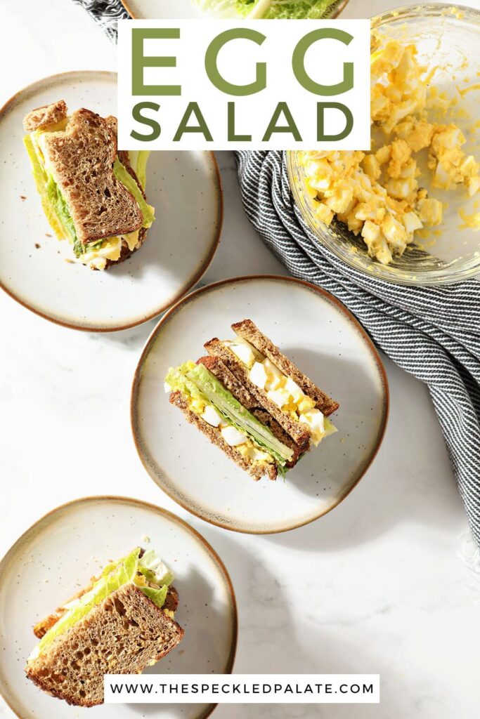 Three plates holding egg salad sandwiches with the text egg salad