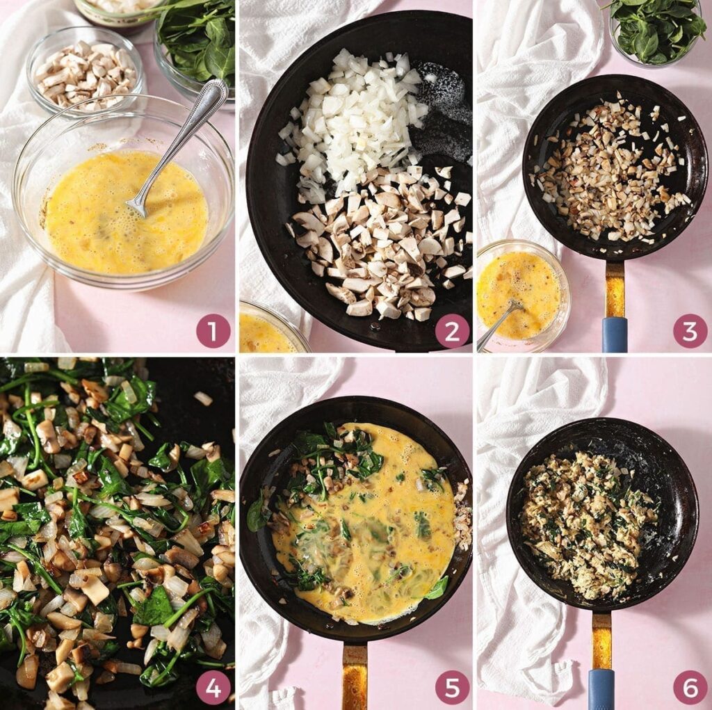 Collage of six images showing how to make soft scrambled eggs with vegetables