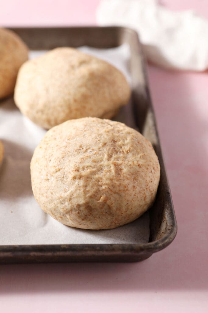 Four rounds of pizza dough after rising on a sheet pan on a pink surface