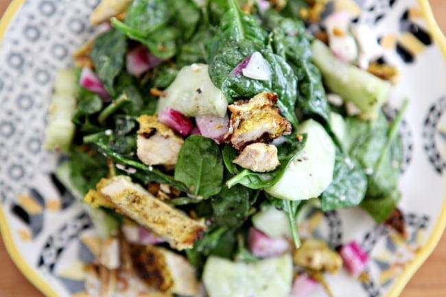 Close up of a plate of Chicken Schwarma Salad