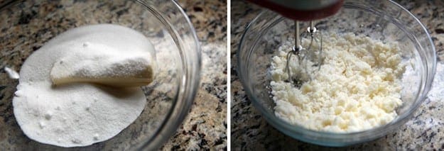 Collage of two images showing ingredients being mixed in a glass bowl 