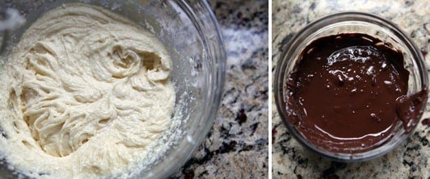 A collage of mixed ingredients in a bowl next to a bowl of melted chocolate 