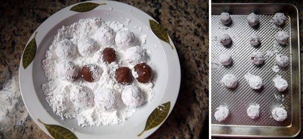 Chocolate cookie dough in a bowl of powdered sugar