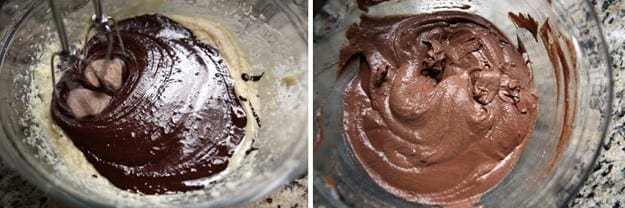 Collage of two images showing chocolate mixing in glass bowl of ingredients 