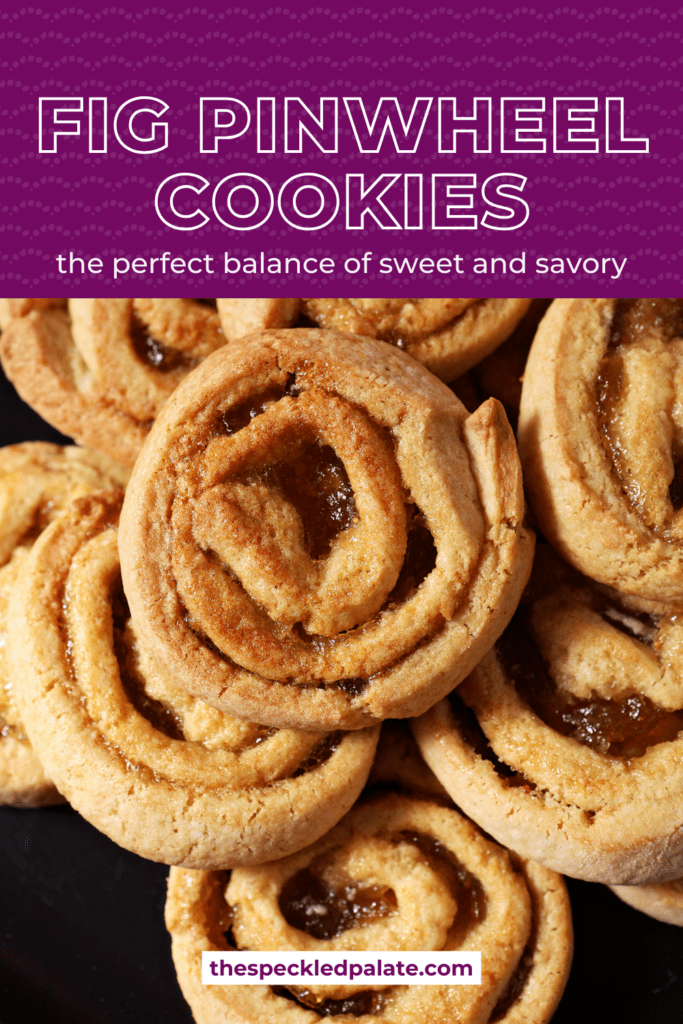 layered fig pinwheel cookies on a plate from above with the text fig pinwheel cookies the perfect balance of sweet and savory