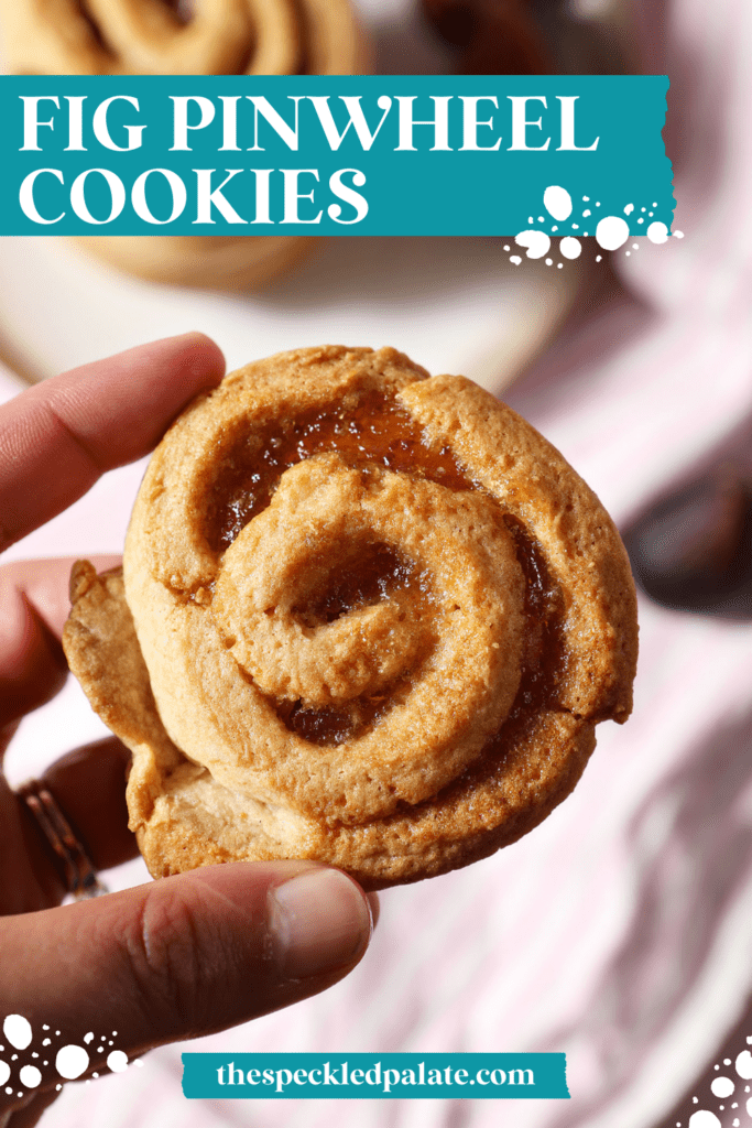 layered fig pinwheel cookies on a plate from above with the text fig pinwheel cookies