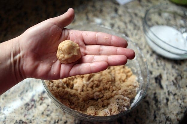 A hand holds a shaped peanut blossom ball over a bowl of cookie batter and the granite countertop