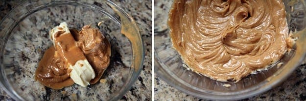 A collage of two images showing peanut butter and a stick of butter, as well as what they look like after being blended with a hand mixer