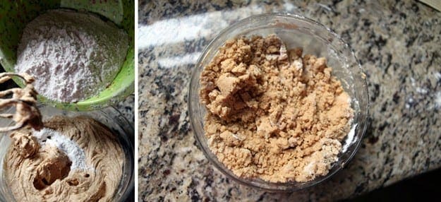 A collage of two images showing dry ingredients sprinkled into wet ingredients and the loose cookie dough after blending in its bowl