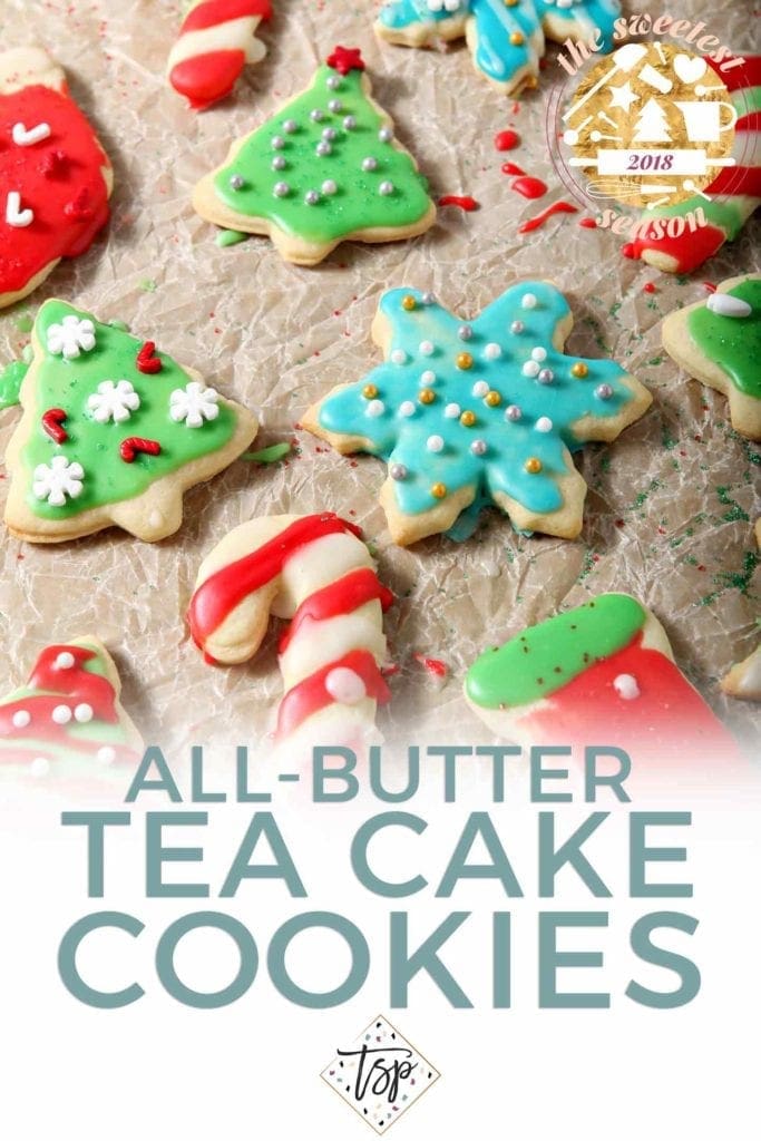 Pinterest image for All-Butter Tea Cake Cookies, featuring text and a close up of the final decorated cookies drying