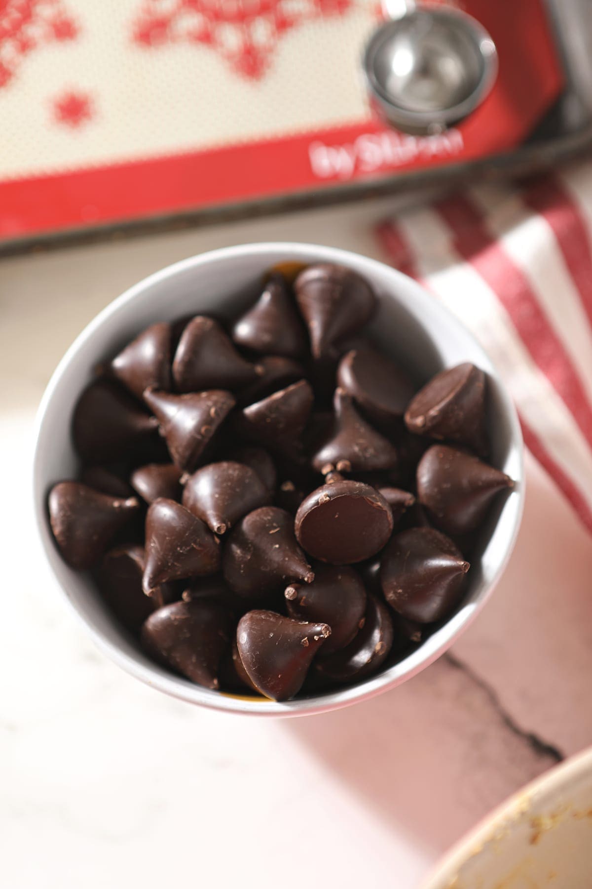 Close up of a bowl of Dark Chocolate Hershey's Kisses