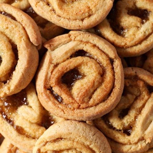 layered fig pinwheel cookies on a plate from above