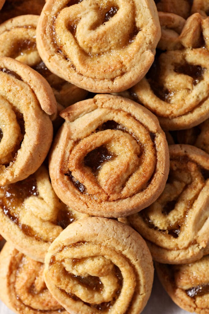 layered fig pinwheel cookies on a plate from above