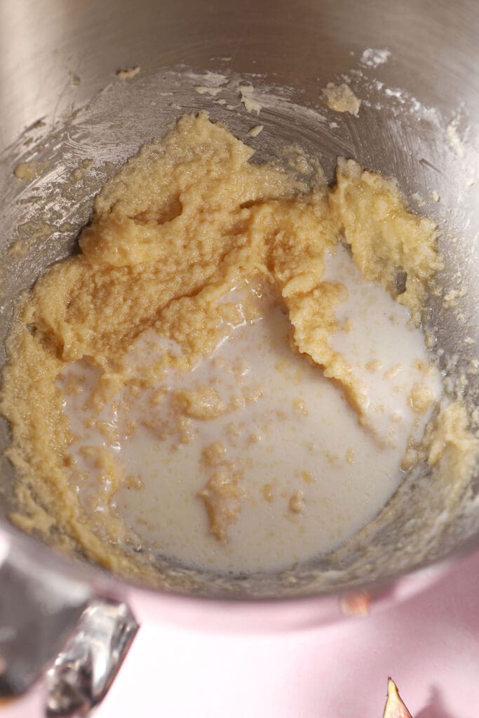 buttermilk sits on top of creamed butter mixture