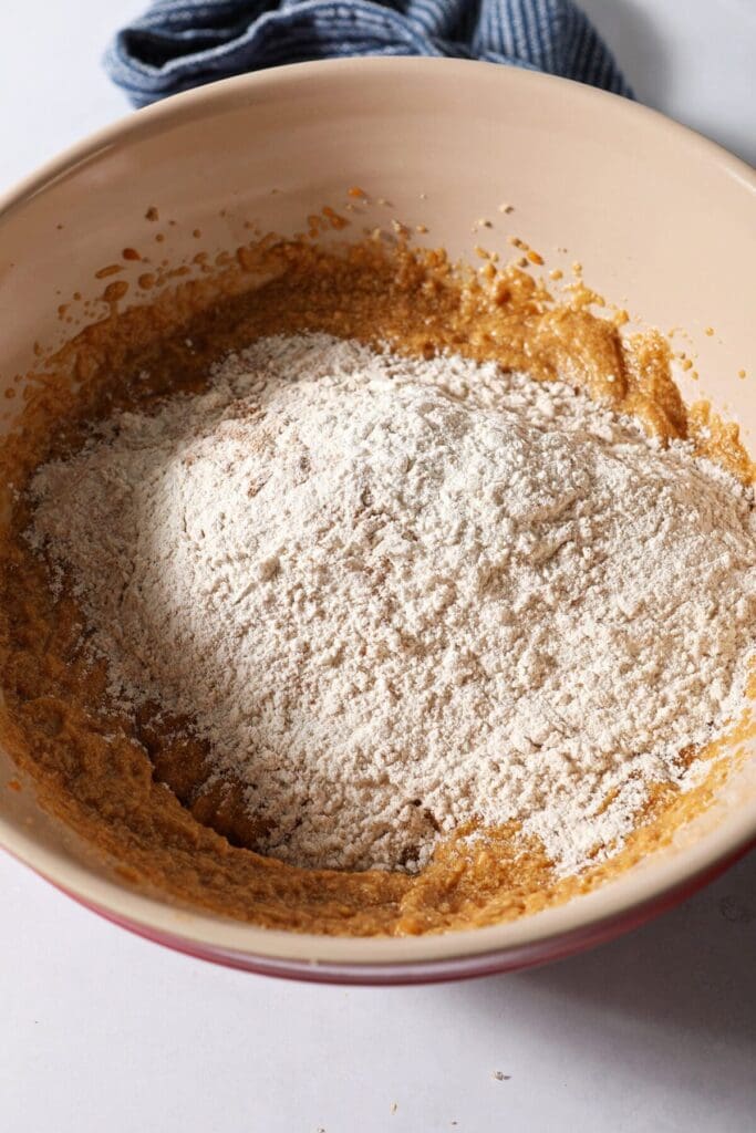 Dry ingredients on top of wet ingredients to make pumpkin cookies