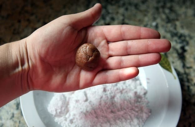 chocoltatecrinkles11SMALL A ball of chocolate crinkle cookie dough in a hand