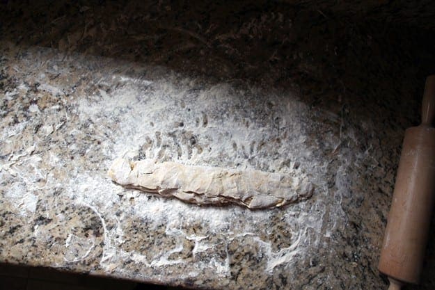 Cookie dough on a floured granite countertop with a rolling pin