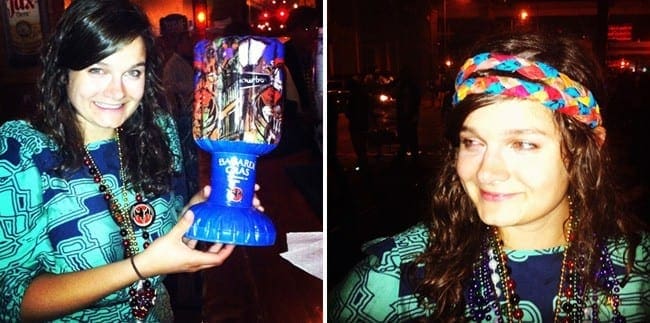 A collage of two images showing a woman celebrating mardi gras 