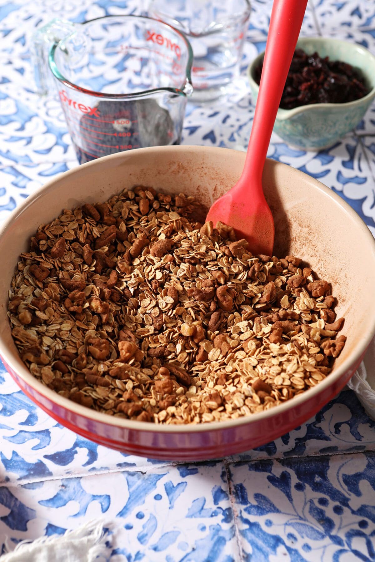 Dry ingredients to make maple nut granola in a bowl