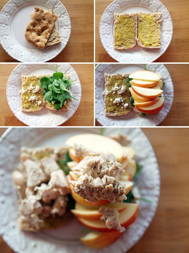 A collage of five images showing the putting together of a faux yard bird sandwich 