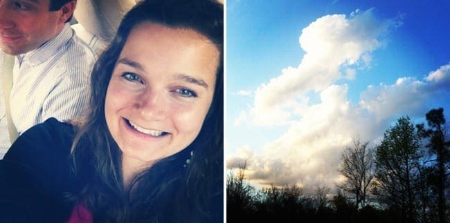 A collage of two images showing woman smiling and a blue sky with clouds 