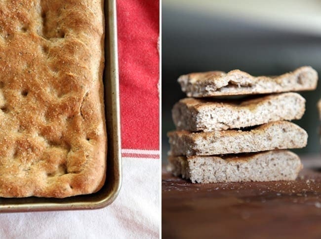 Collage of two images showing bread in a pan and bread cut and stacked
