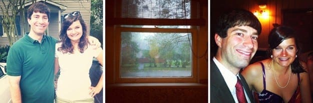 Collage of three images showing man and woman posing and a landscape through a window 