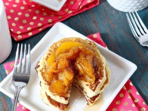 balsamic peach compote on pancakes