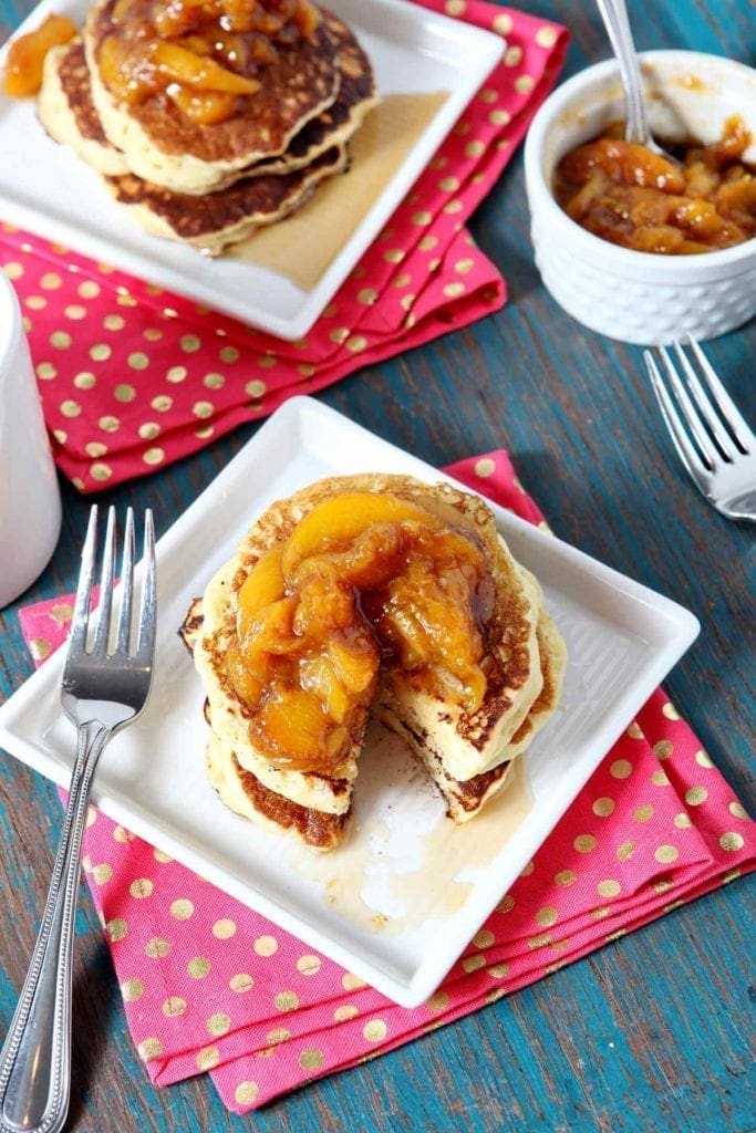 balsamic peach compote on pancakes