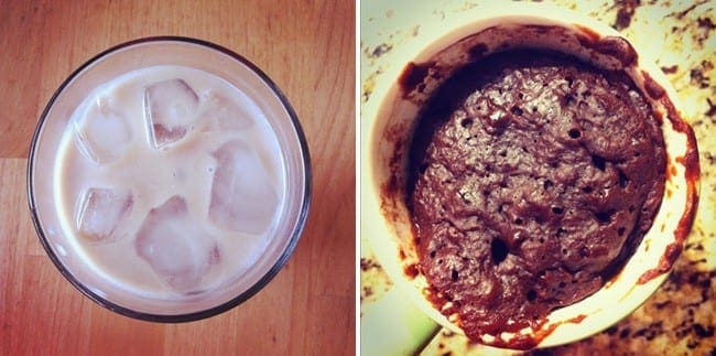 A collage of two images showing ice beverage in a glass and chocolate mug cake 