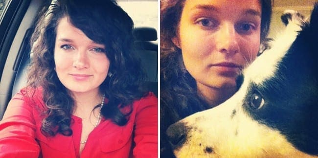 A collage of two selfies showing a woman smiling and a woman holding a dog 