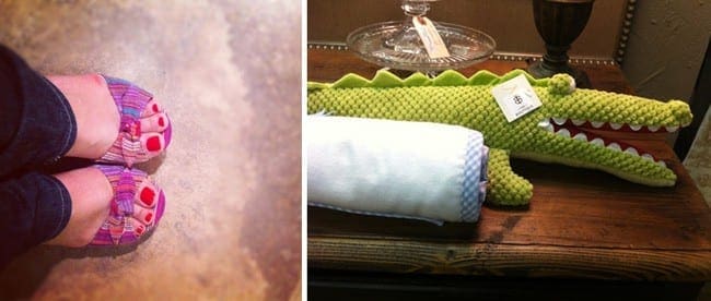 A collage of two images showing a woman\'s polished toes and a stuffed animal alligator 