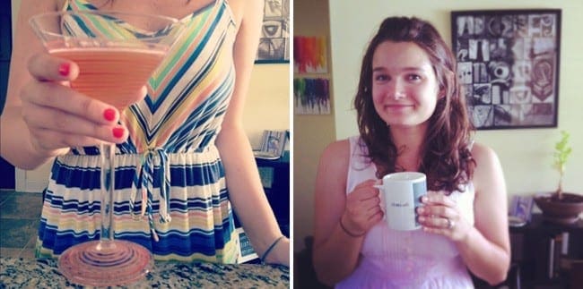 Collage of two images with woman holding martini glass and holding coffee mug 