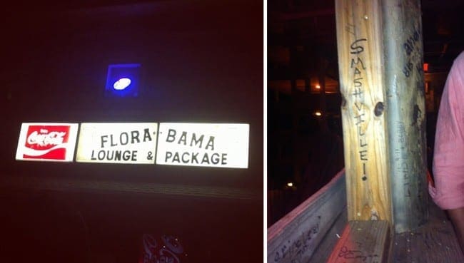 Two images of Florabama sign and wood deck 