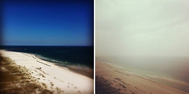 A collage of two images showing the beach, ocean and sky 