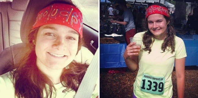 Collage of two images of woman in red headband and smiling for camera 