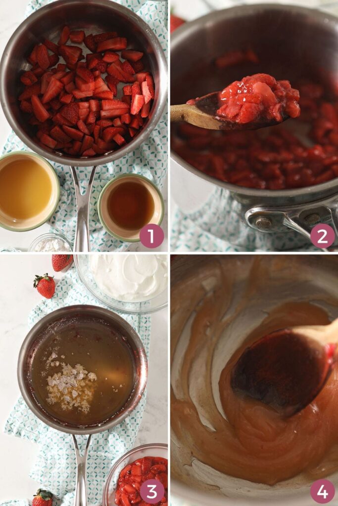 Collage of four images showing how to make strawberry pudding